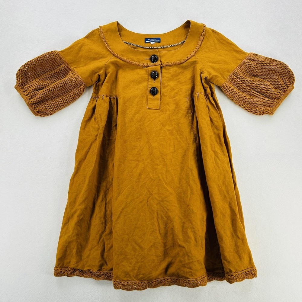 Burberry Blue Label Dress Womens 38 Yellow Crochet Balloon Sleeve Fit Flare
